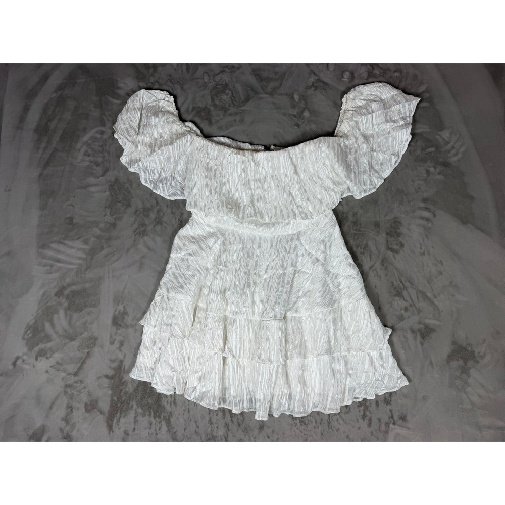 Lulus White Metallic Stripe Off The Shoulder Ruffle Tiered Mini Dress Medium